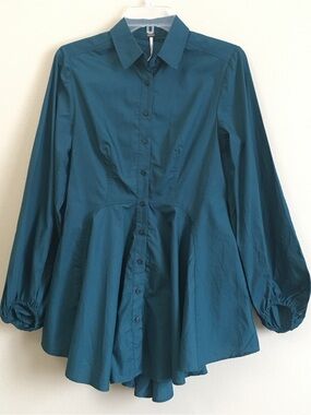 Free People All the Time Button-Front Peplum Shirt Teal NWT XS